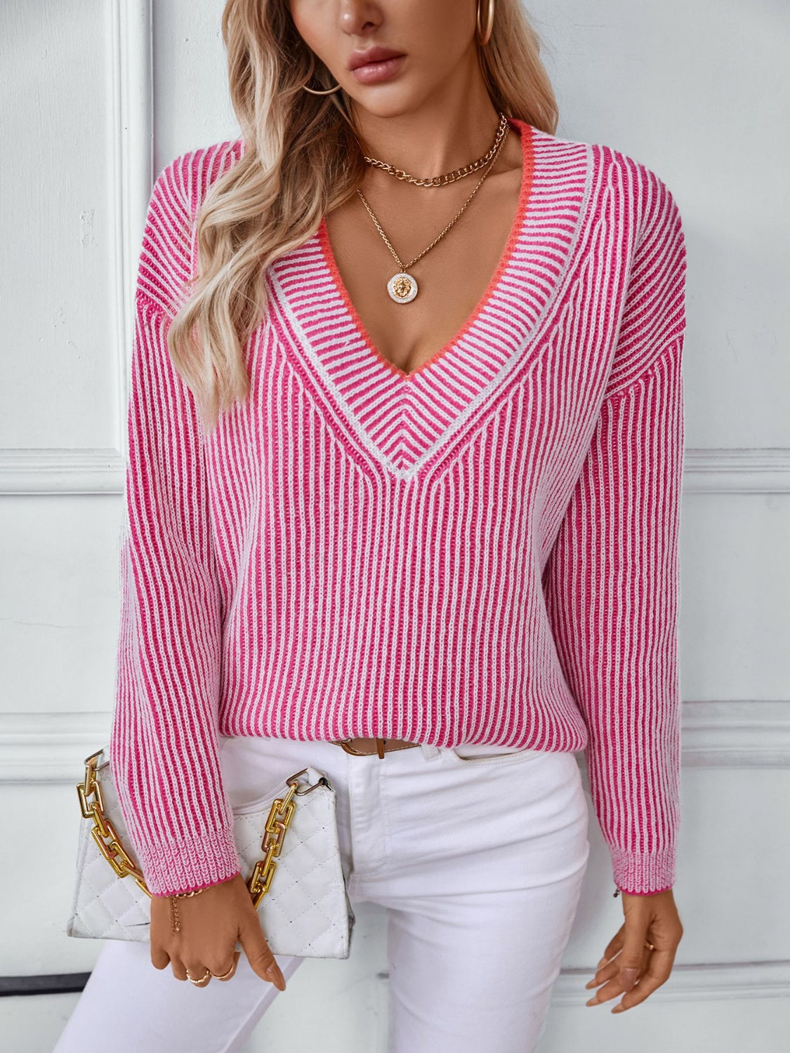 Striped V-Neck Long Sleeve Sweater - Body By J'ne
