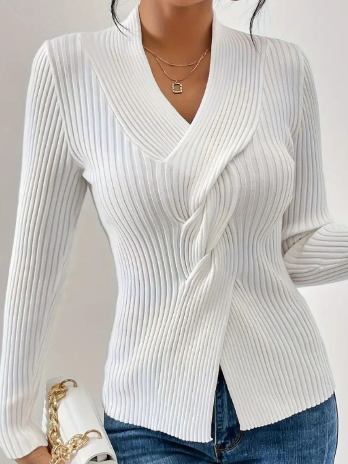 Twist Front Ribbed Long Sleeve Sweater