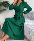 Pleated Tied V-Neck Long Sleeve Dress