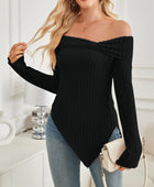 Ribbed Asymmetrical Hem Off-Shoulder Long Sleeve T-Shirt