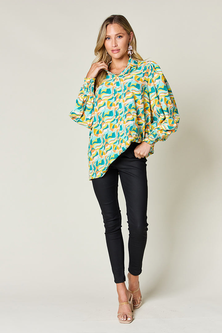 Full Size Printed Smocked Long Sleeve Blouse - Body By J'ne