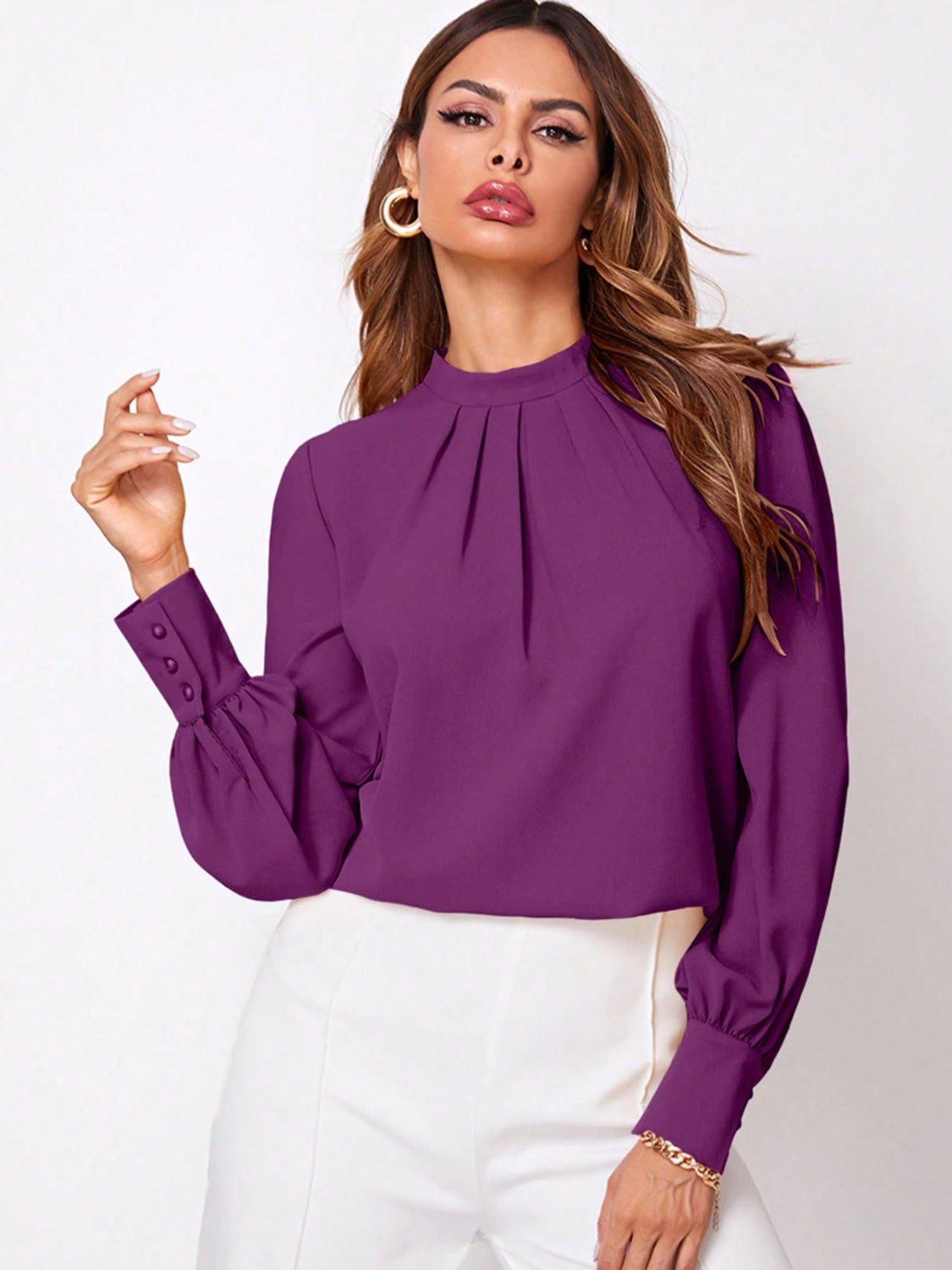 Ruched Mock Neck Long Sleeve Blouse - Body By J'ne