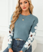 Flower Round Neck Long Sleeve Sweater