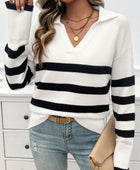 Striped Collared Neck Long Sleeve Sweater