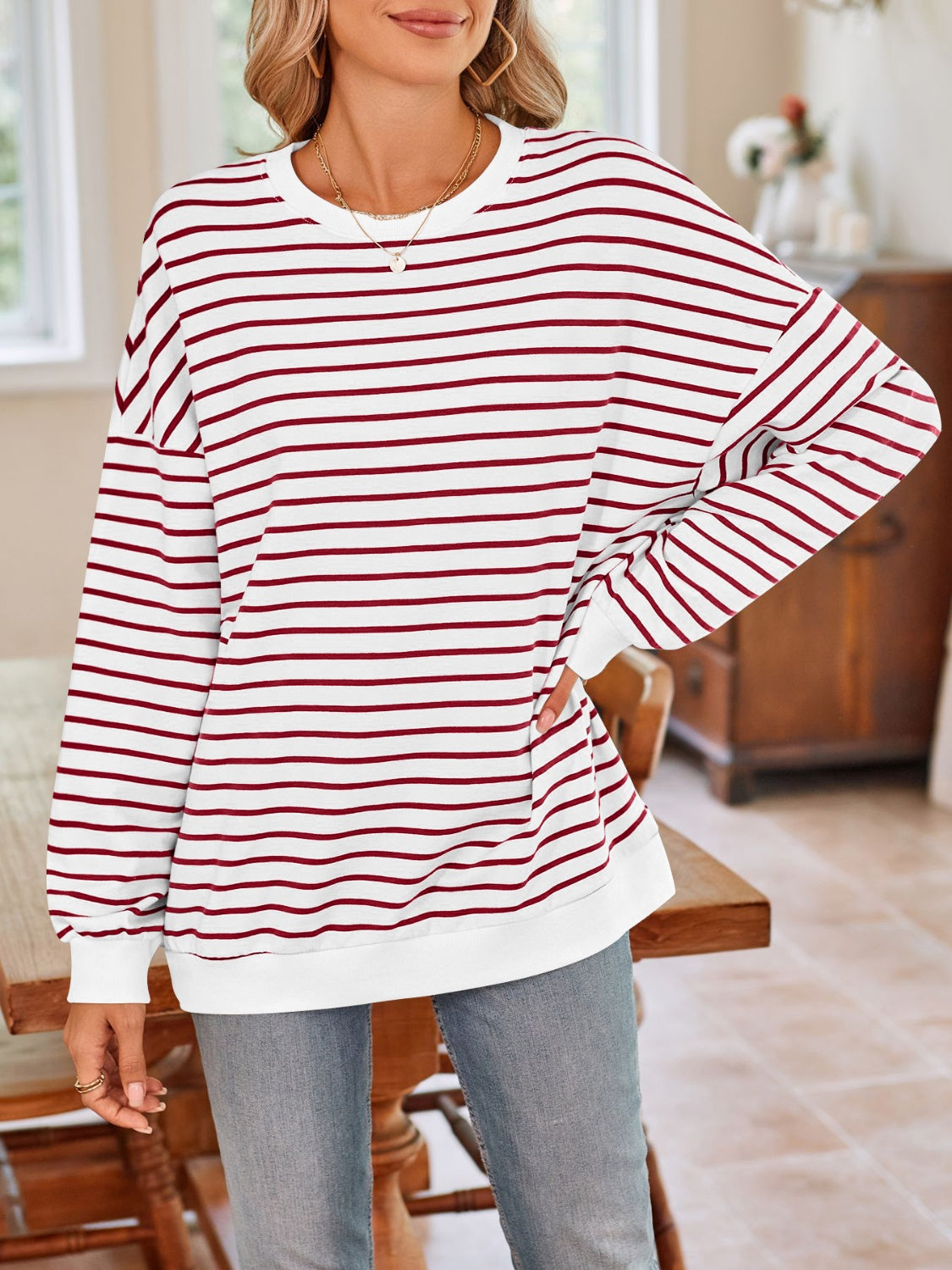 Lovelet Striped Round Neck Long Sleeve Sweatshirt - Body By J'ne