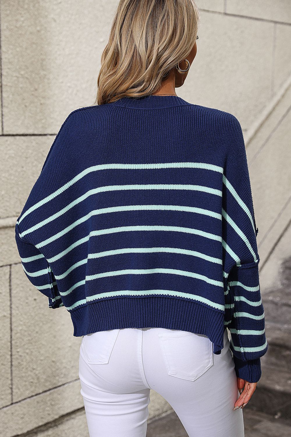 Striped Dropped Shoulder Round Neck Pullover Sweater - Body By J'ne