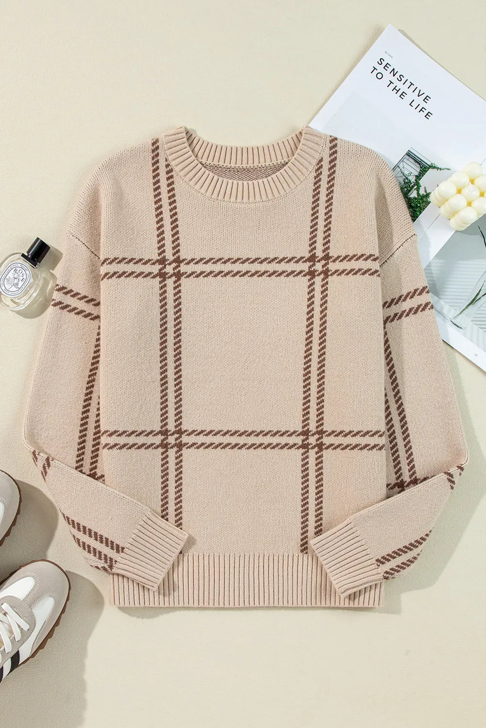 Plaid Round Neck Dropped Shoulder Sweater - Body By J'ne