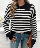 Devine Striped Collared Neck Long Sleeve Sweater