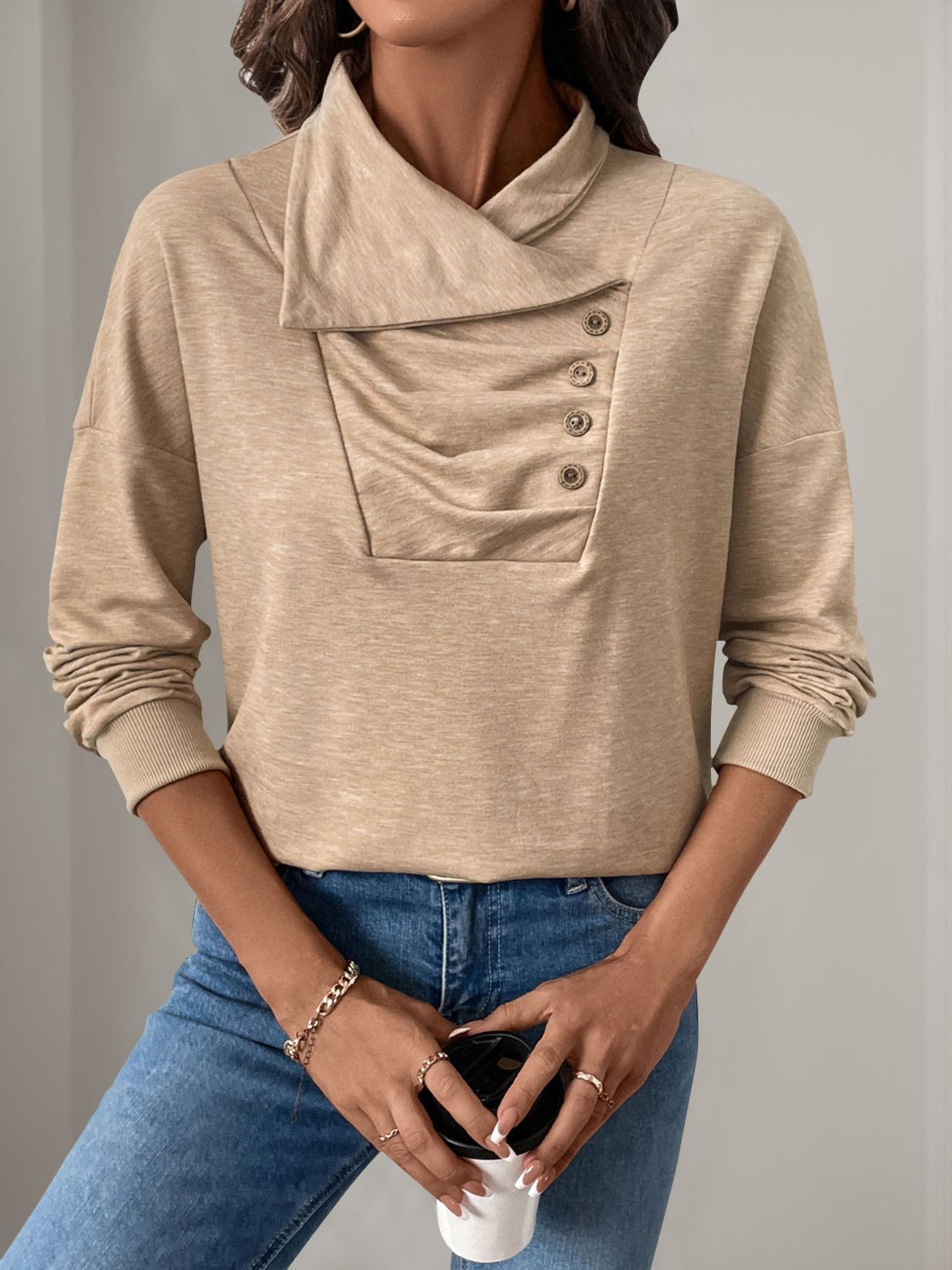 Perfee Asymmetric Mock Neck Long Sleeve Sweatshirt - Body By J'ne