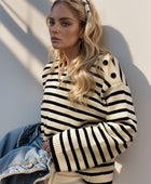 Perfee Striped Round Neck Long Sleeve Knit Top