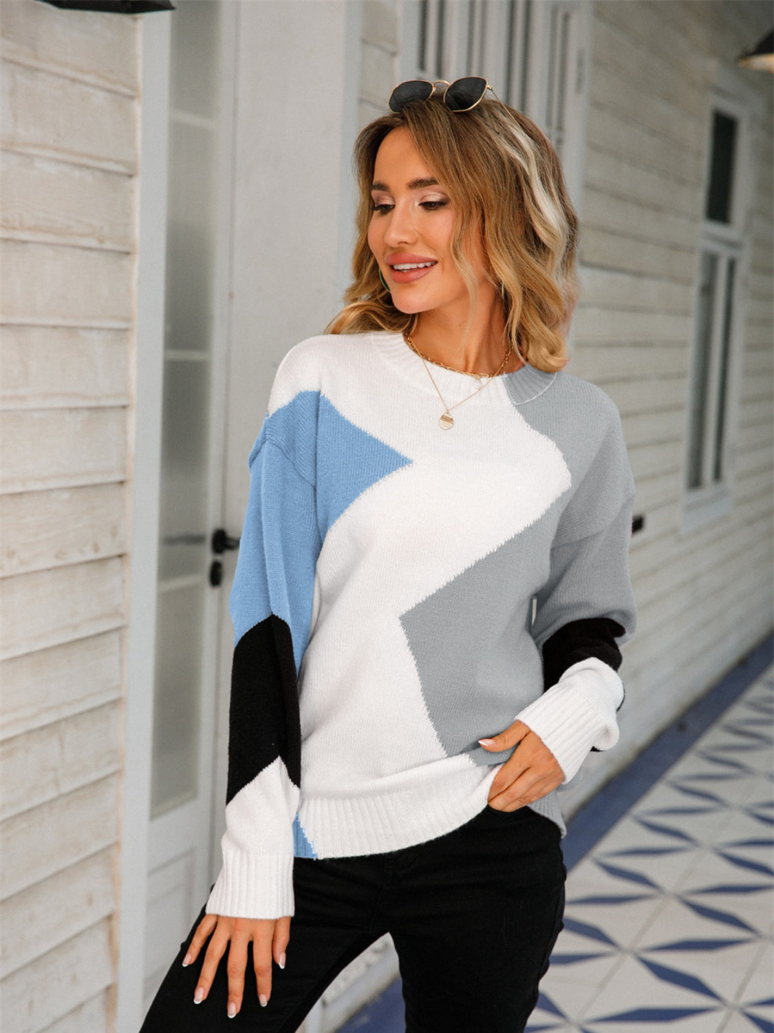 Color Block Round Neck Dropped Shoulder Sweater - Body By J'ne