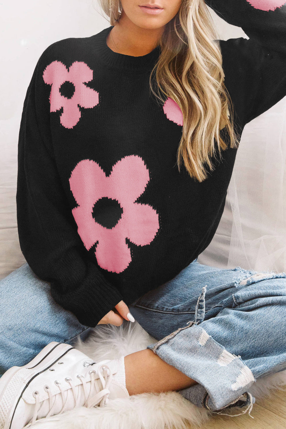 Round Neck Floral Pattern Color Contrast  Design Long Sleeve Sweater - Body By J'ne