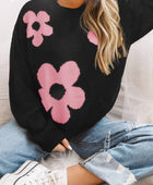 Round Neck Floral Pattern Color Contrast  Design Long Sleeve Sweater - Body By J'ne