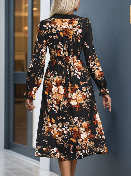 Printed Notched Long Sleeve Midi Dress - Body By J'ne