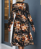 Printed Notched Long Sleeve Midi Dress