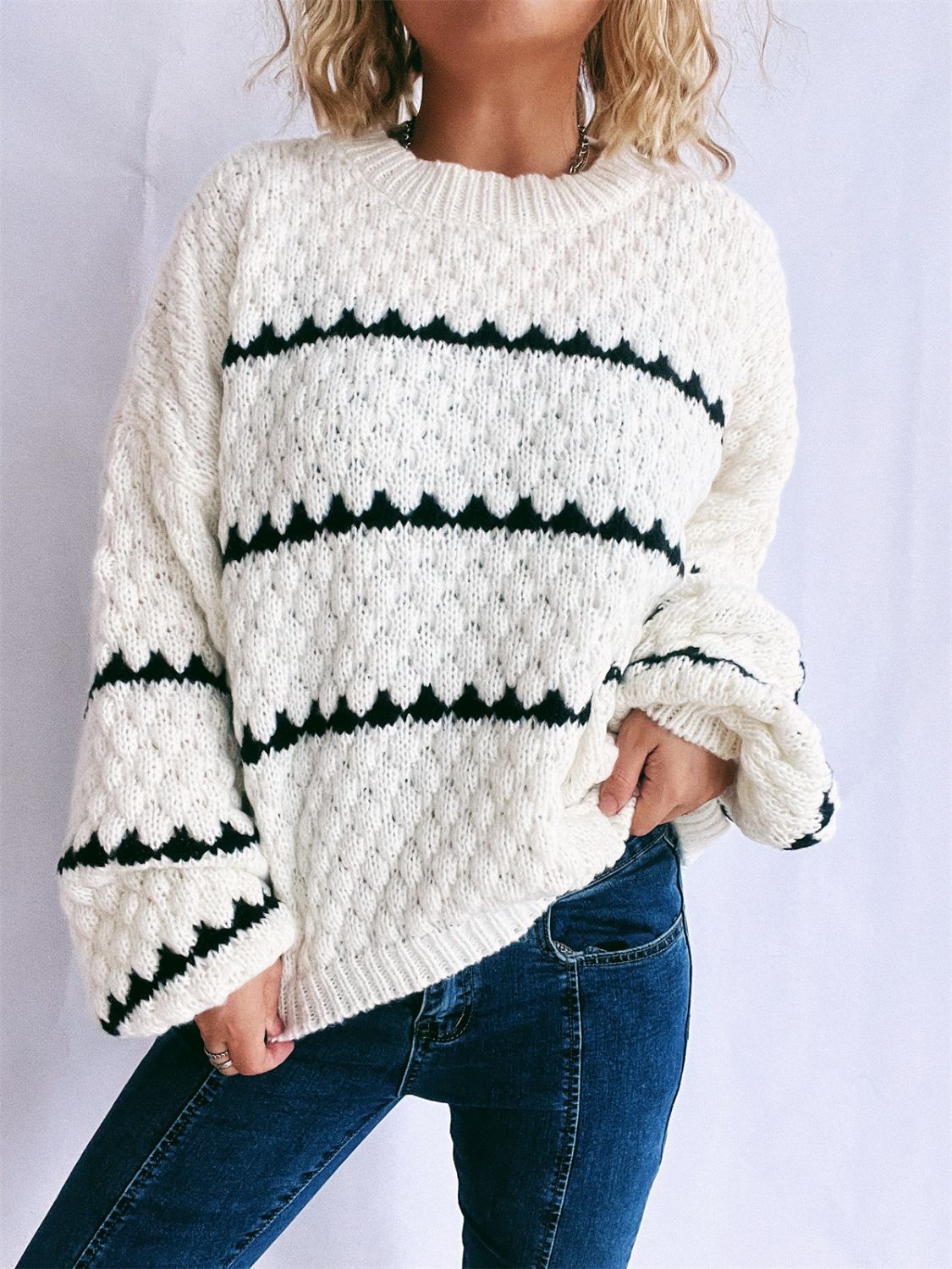 Contrast Stripes Round Neck Long Sleeve Sweater - Body By J'ne