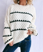 Contrast Stripes Round Neck Long Sleeve Sweater