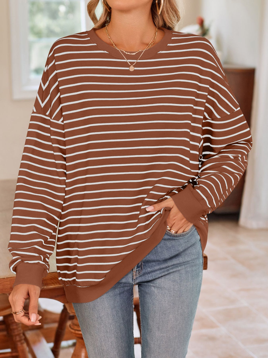 Lovelet Striped Round Neck Long Sleeve Sweatshirt - Body By J'ne