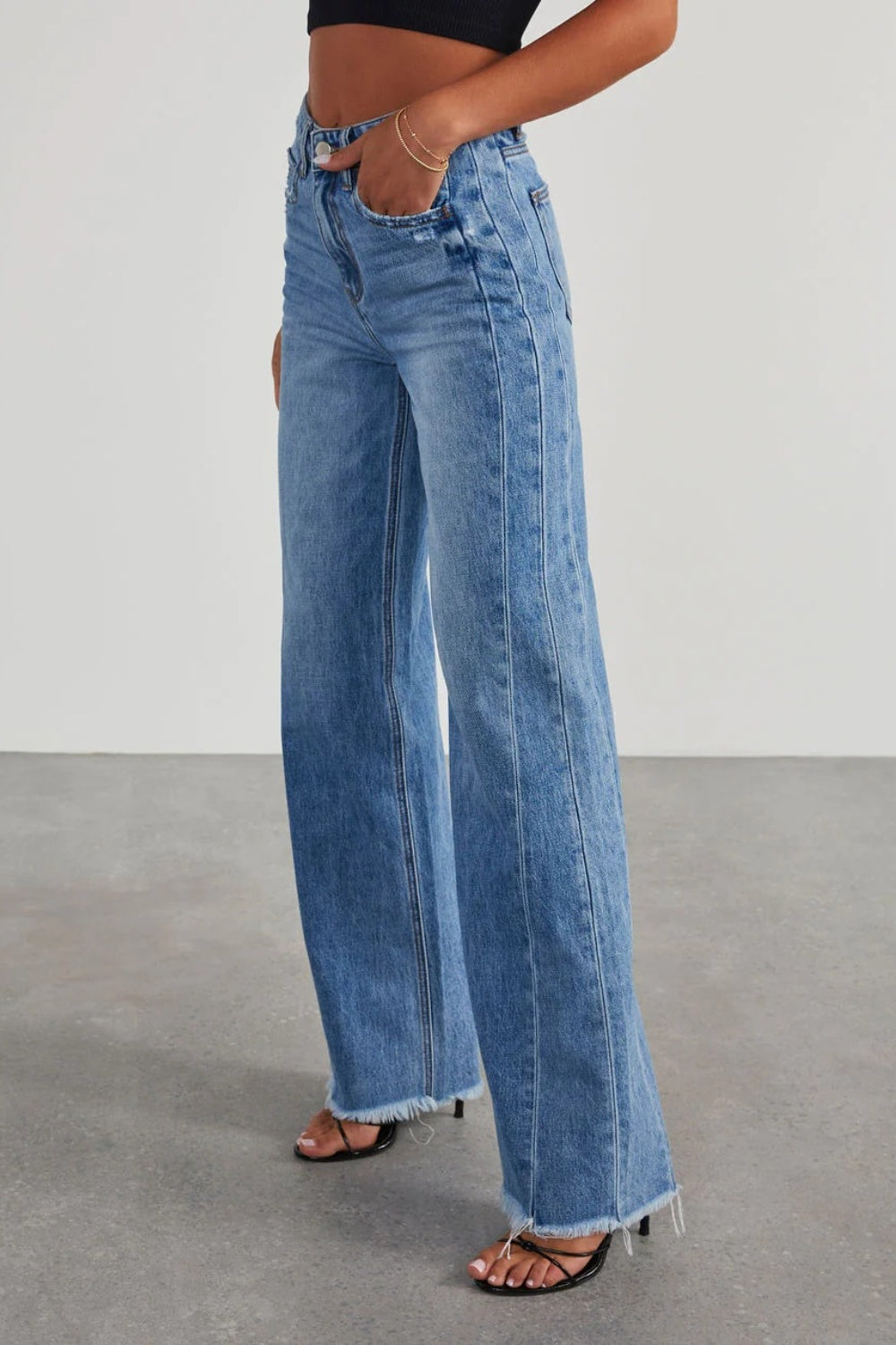 Raw Hem Wide Leg Jeans with Pockets - Body By J'ne