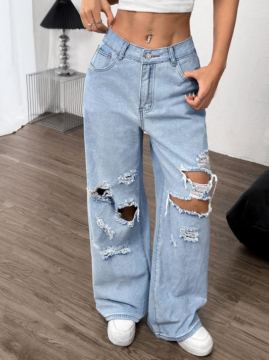 Distressed Wide Leg Jeans with Pockets - Body By J'ne