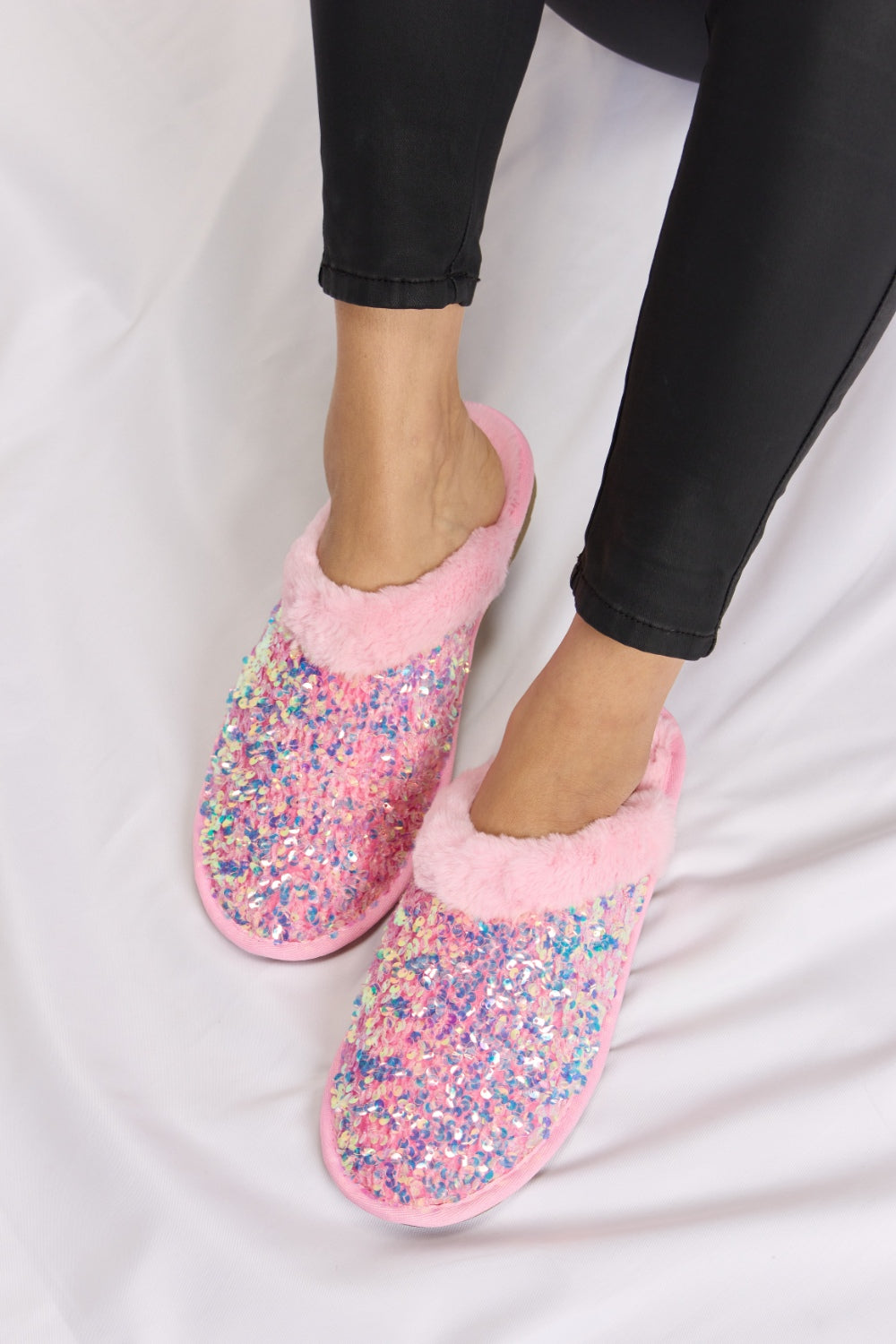 Sequin Plush Round Toe Slippers - Body By J'ne