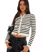 Striped Round Neck Button Up Long Sleeve Cardigan