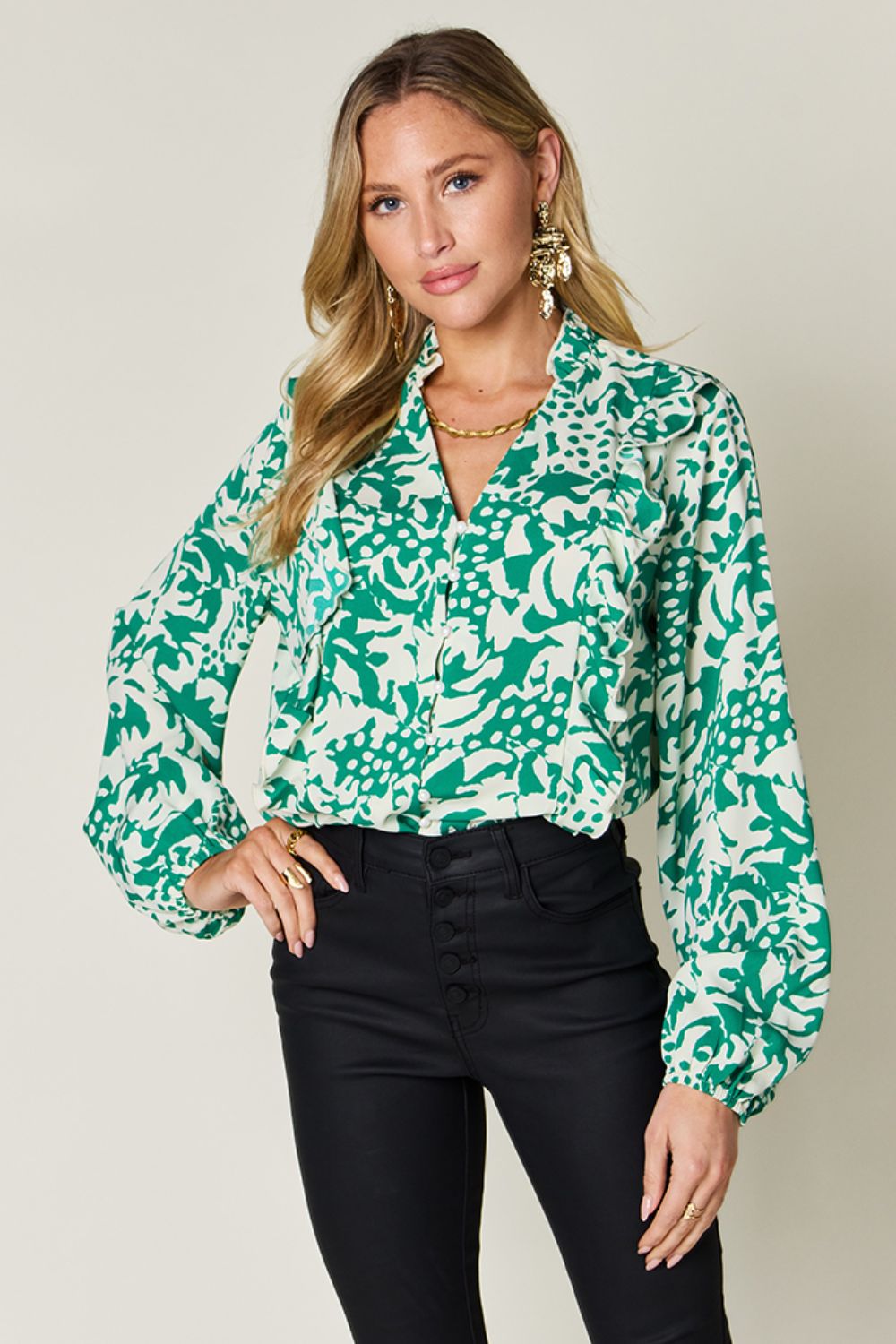 Full Size Printed Ruffle Trim Balloon Sleeve Shirt - Body By J'ne