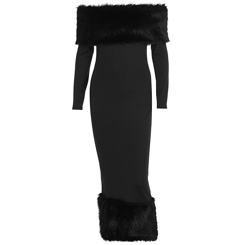 Adrianna Fur Collar Long Sleeve Dress