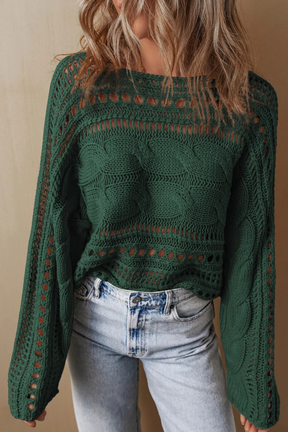 Cable-Knit Openwork Long Sleeve Sweater - Body By J'ne