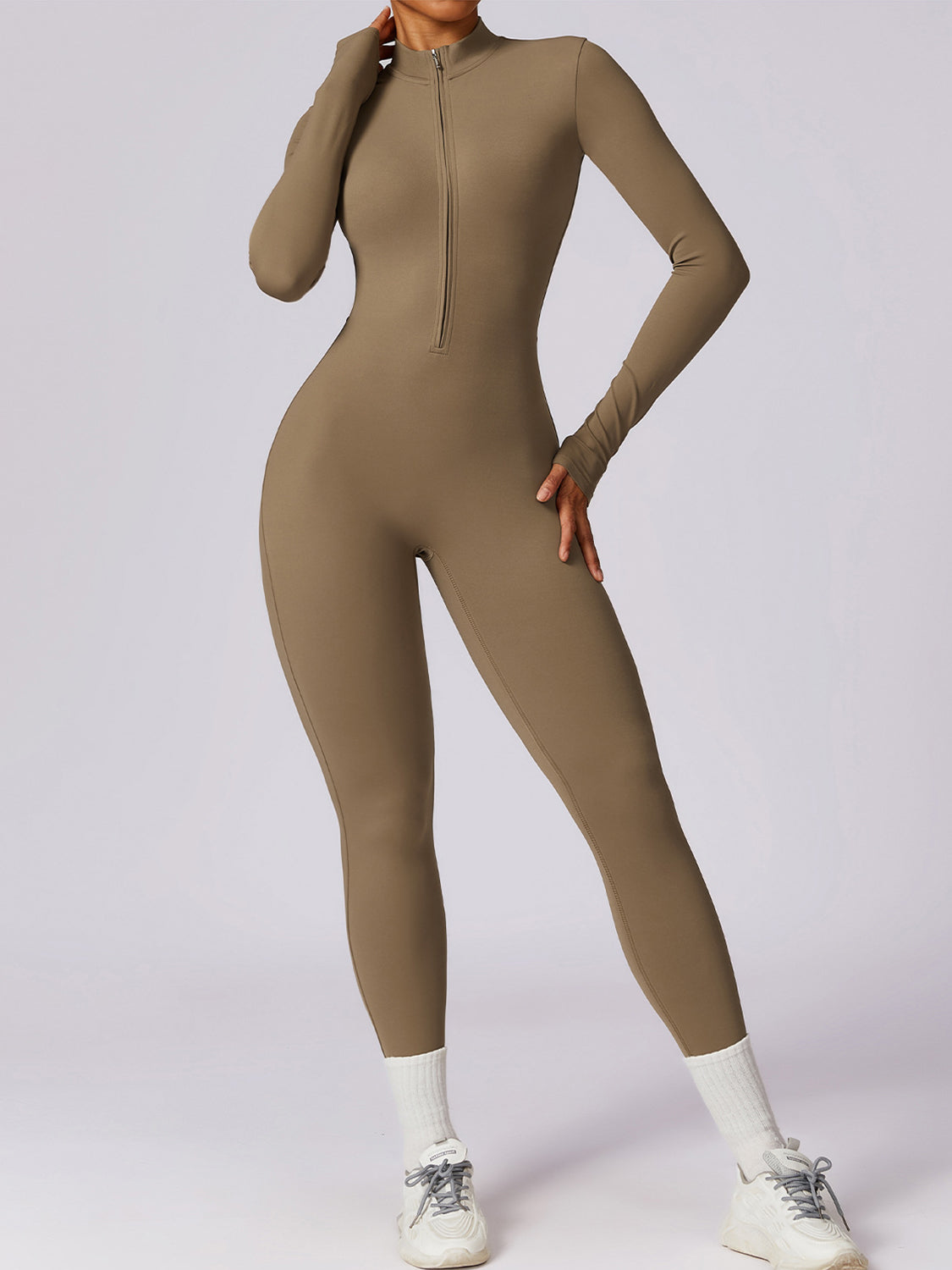 Zip Up Mock Neck Long Sleeve Jumpsuit - Body By J'ne