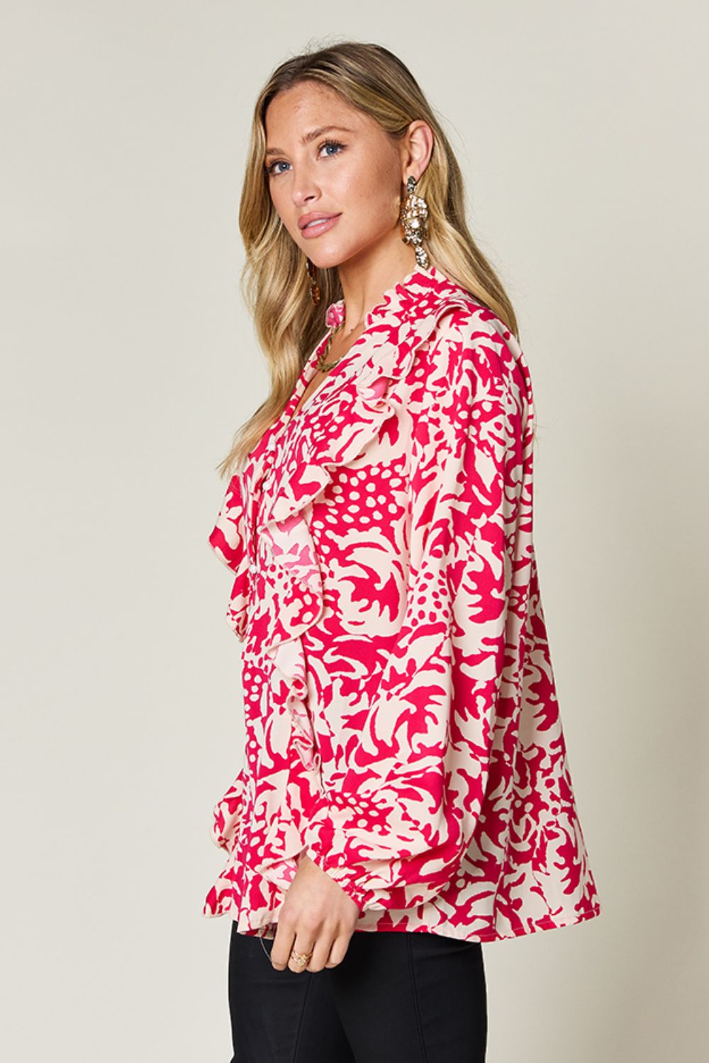 Full Size Printed Ruffle Trim Balloon Sleeve Shirt - Body By J'ne