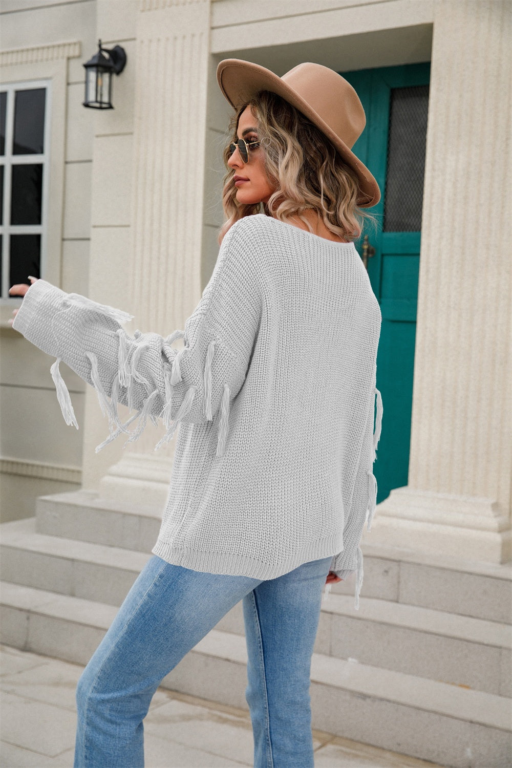 Fringe Round Neck Dropped Shoulder Sweater - Body By J'ne