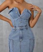 Slit Half Button Tube Denim Dress