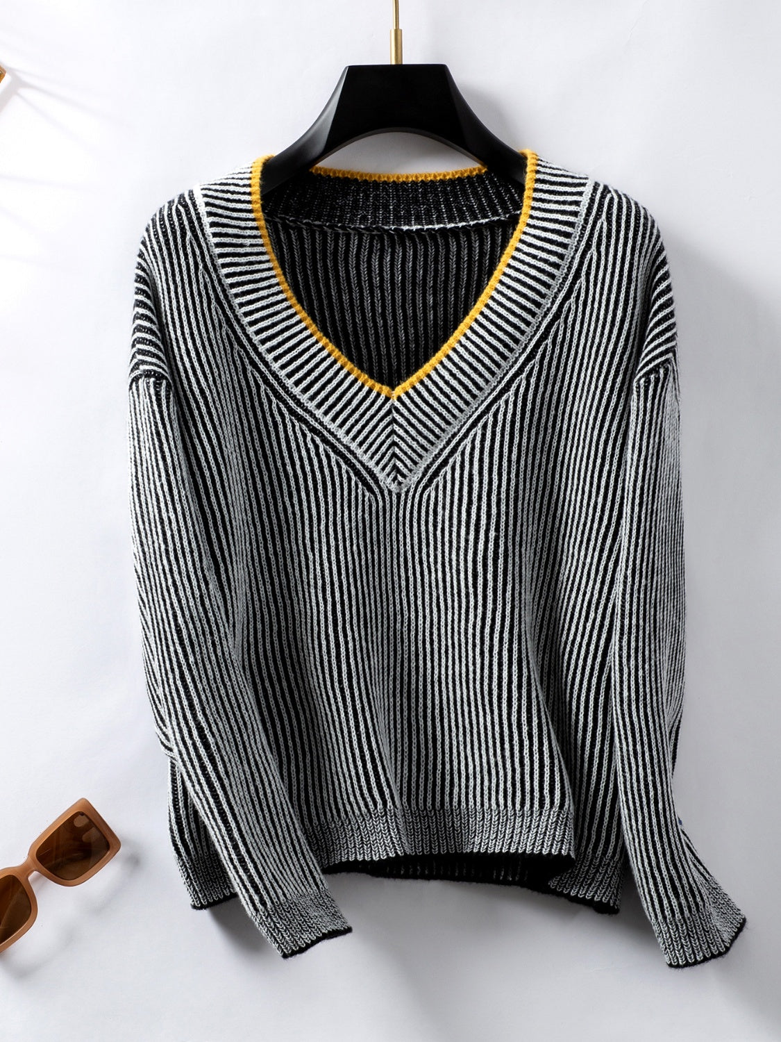 Striped V-Neck Long Sleeve Sweater - Body By J'ne