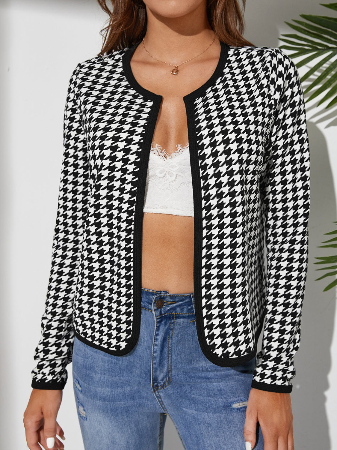 Houndstooth Open Front Long Sleeve Jacket - Body By J'ne