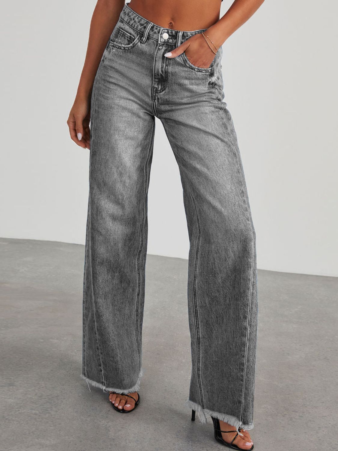 Raw Hem Wide Leg Jeans with Pockets - Body By J'ne