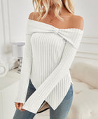 Ribbed Asymmetrical Hem Off-Shoulder Long Sleeve T-Shirt