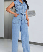 Tied Half Button Denim Jumpsuit with Pockets