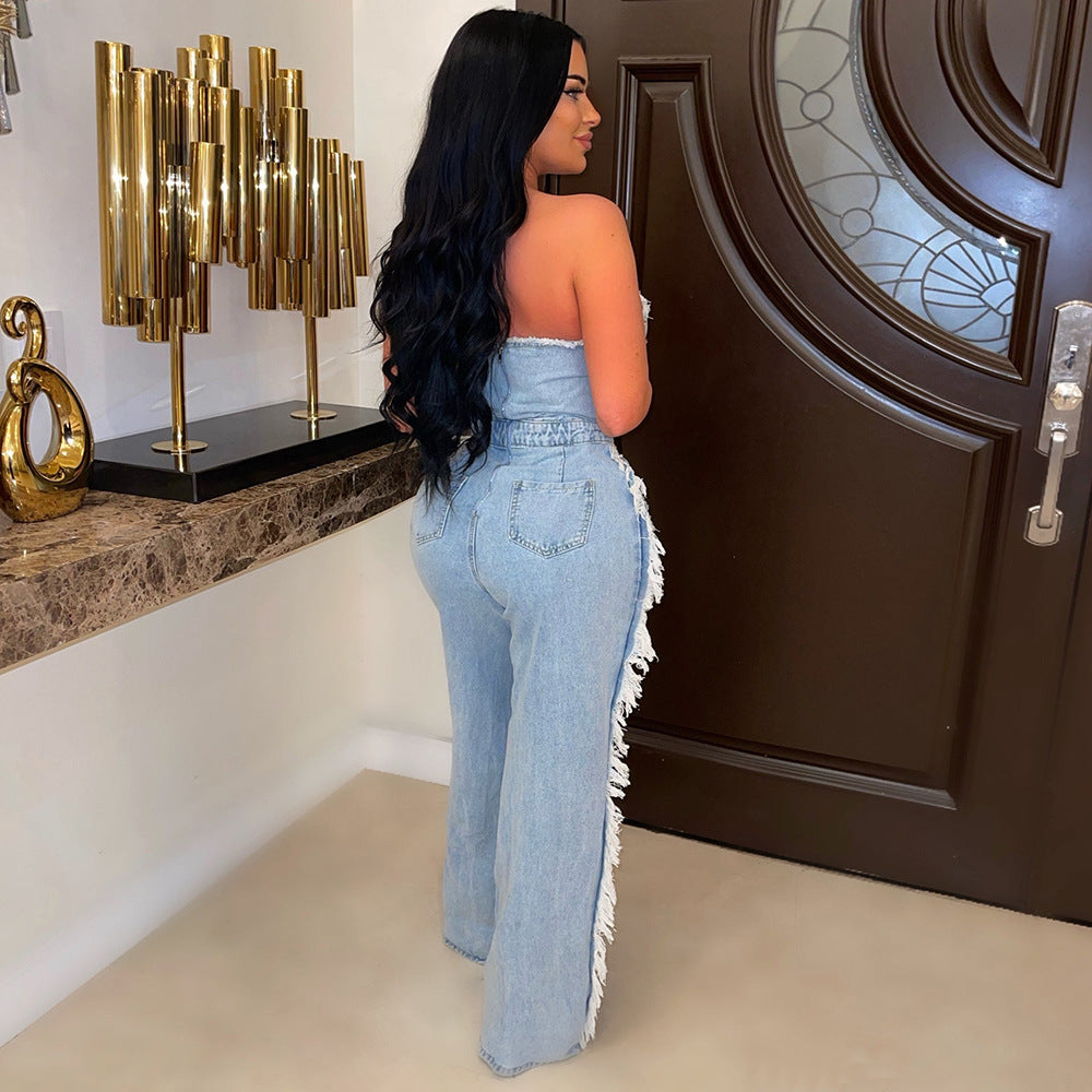 Tassel Hole Rhinestone Washing Water Denim Jumpsuit - Body By J'ne