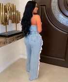 Tassel Hole Rhinestone Washing Water Denim Jumpsuit - Body By J'ne