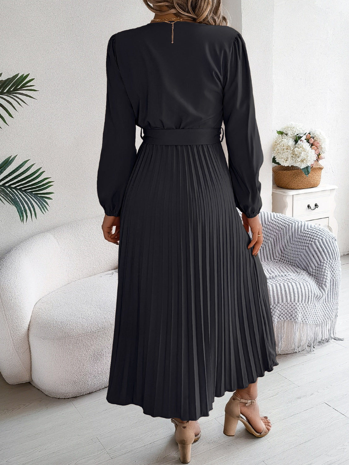 Pleated Tied V-Neck Long Sleeve Dress - Body By J'ne