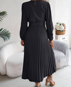 Pleated Tied V-Neck Long Sleeve Dress