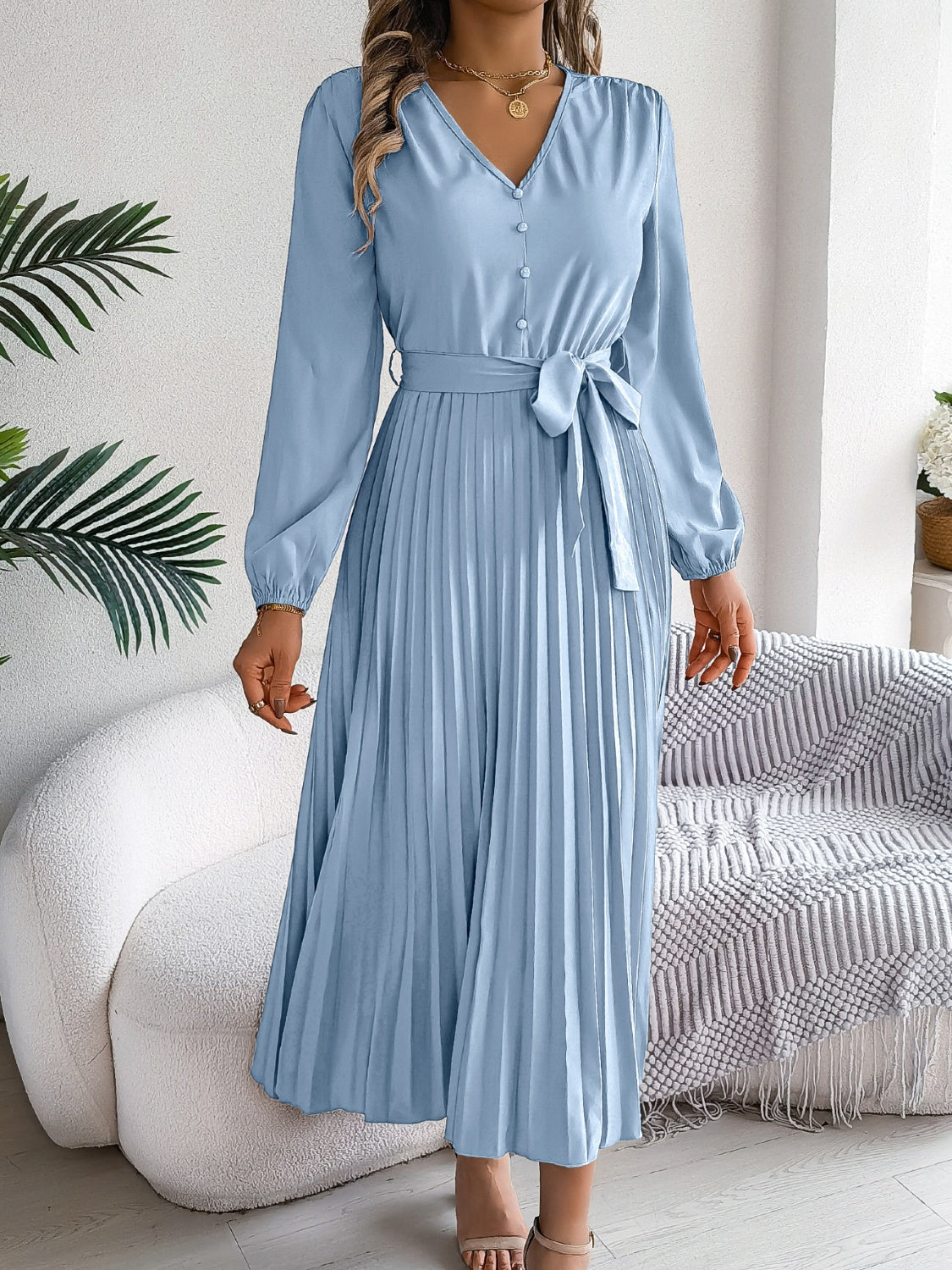 Pleated Tied V-Neck Long Sleeve Dress - Body By J'ne