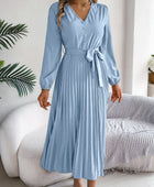 Pleated Tied V-Neck Long Sleeve Dress