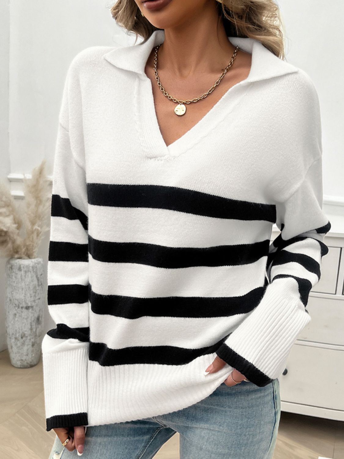 Striped Collared Neck Long Sleeve Sweater - Body By J'ne