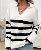 Striped Collared Neck Long Sleeve Sweater