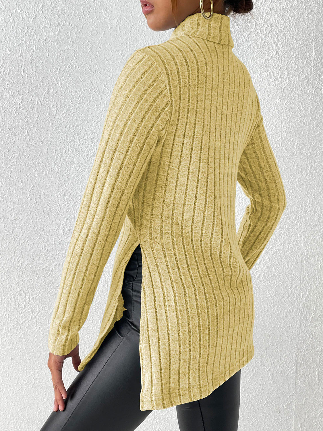 Ribbed Turtleneck Long Sleeve Slit T-Shirt - Body By J'ne