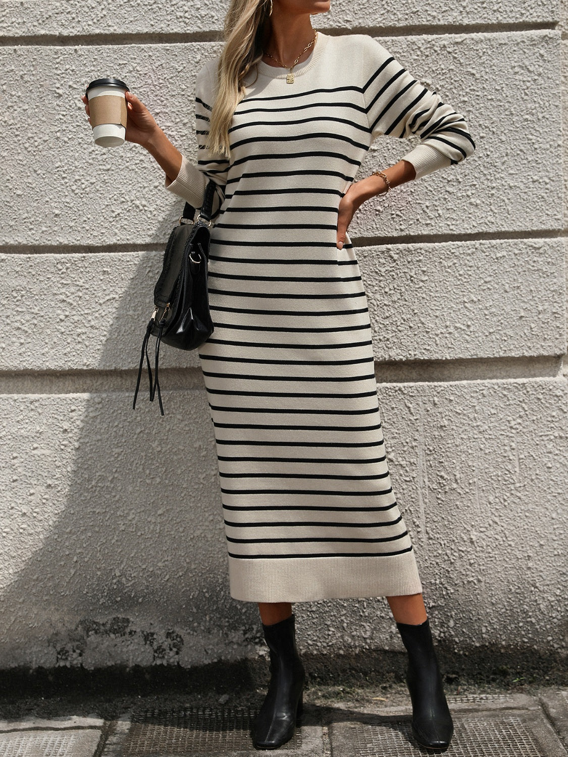 Striped Round Neck Long Sleeve Dress - Body By J'ne
