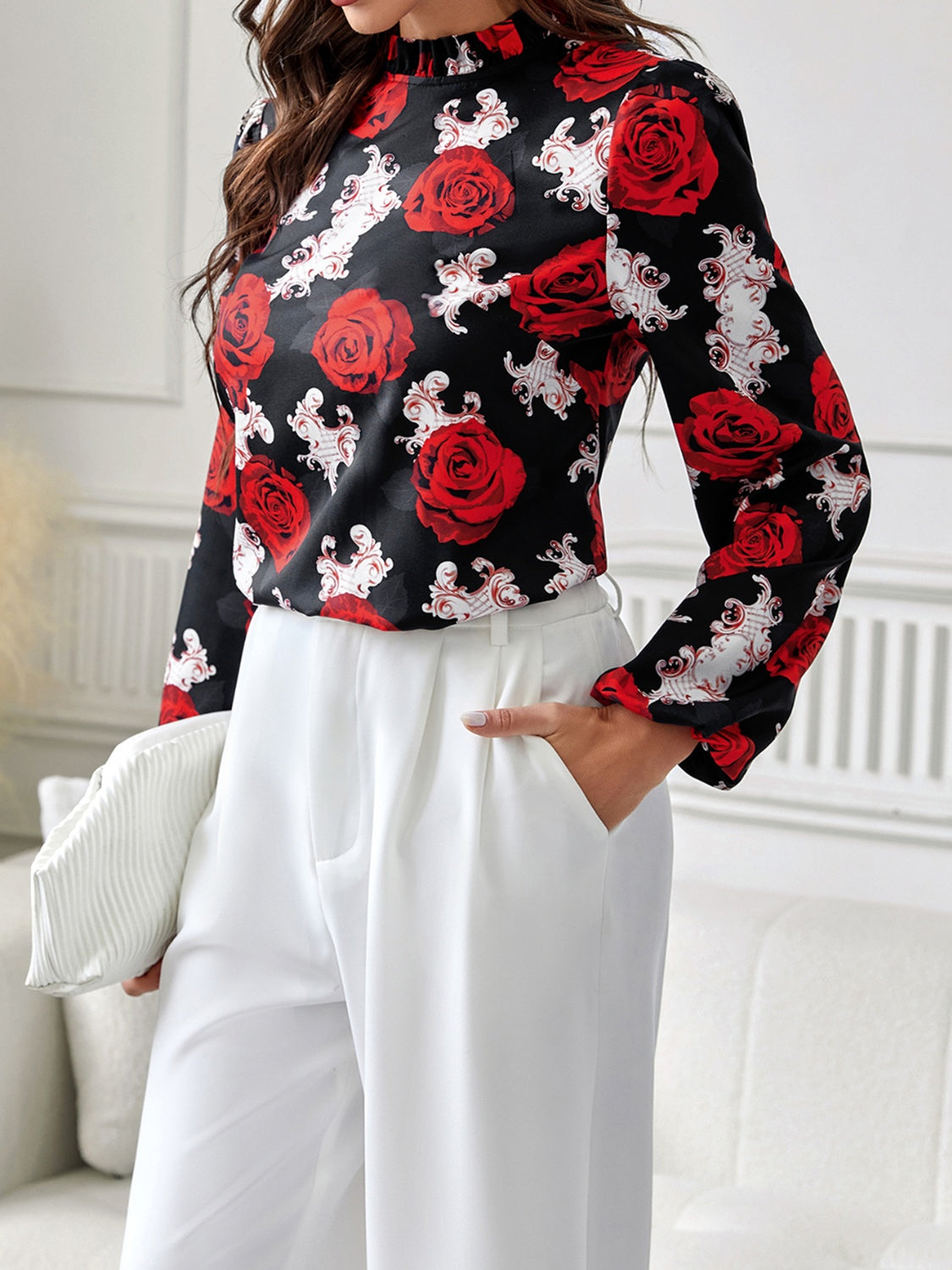 Frill Floral Mock Neck Long Sleeve Top - Body By J'ne