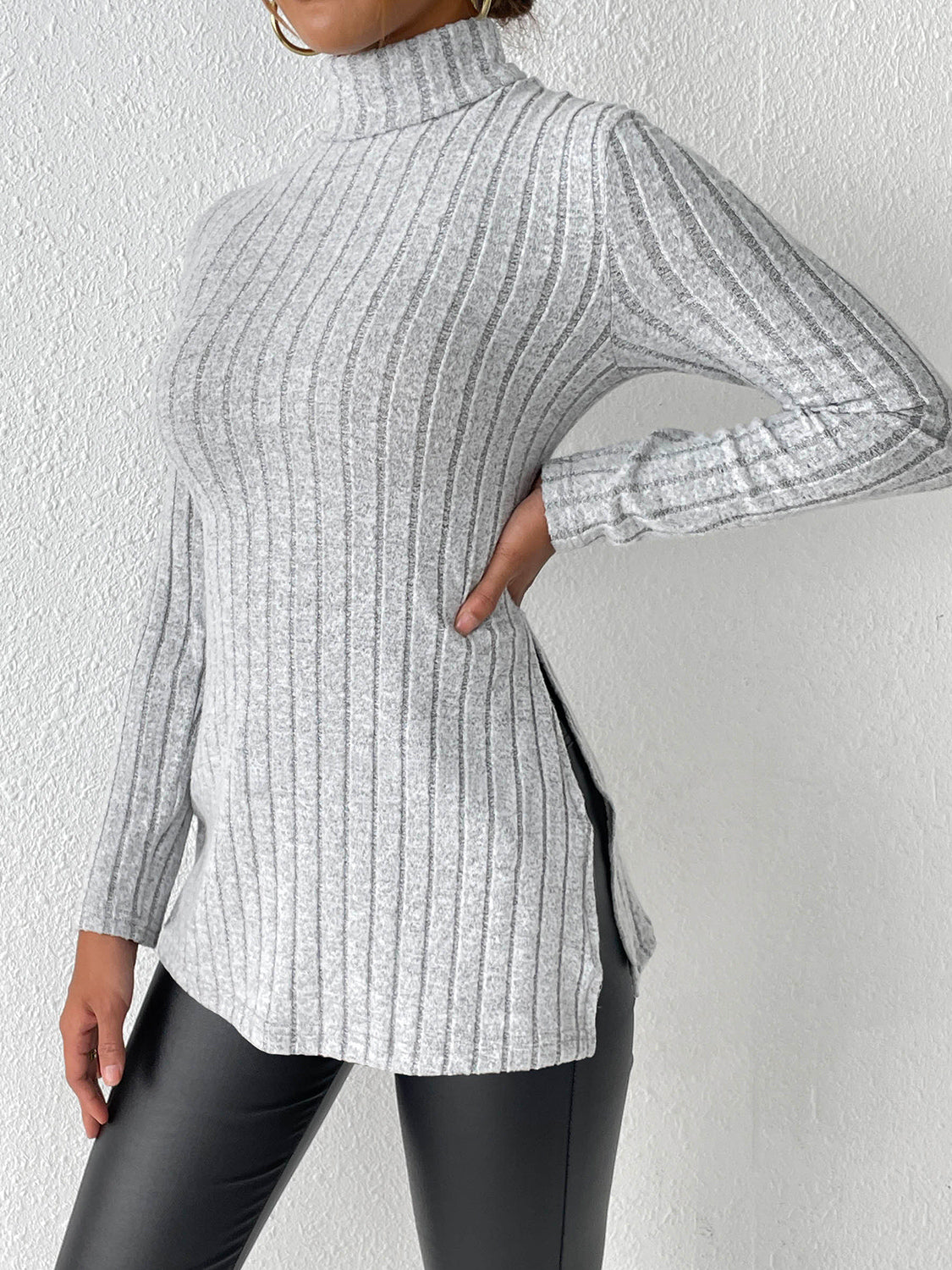 Ribbed Turtleneck Long Sleeve Slit T-Shirt - Body By J'ne